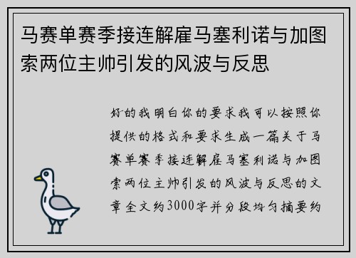 马赛单赛季接连解雇马塞利诺与加图索两位主帅引发的风波与反思 马赛单赛季接连解雇马塞利诺与加图索两位主帅引发的风波与反思