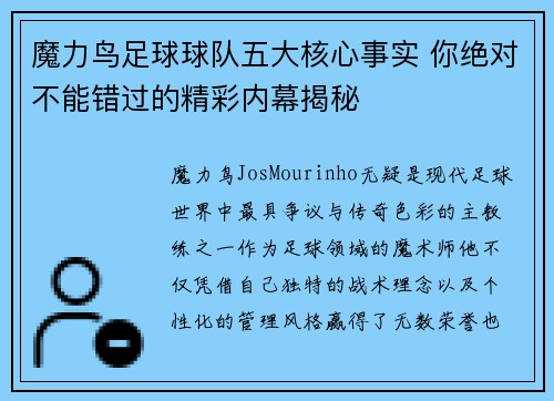 魔力鸟足球球队五大核心事实 你绝对不能错过的精彩内幕揭秘 魔力鸟足球球队五大核心事实 你绝对不能错过的精彩内幕揭秘